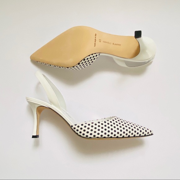 NWT: MANOLO BLAHNIK | White with Black Polkadots Carolyne Kitten-Heel Pumps - Picture 4 of 11